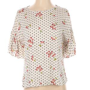 Slate and Willow Top Cherry Print Short Sleeve Silk Blend Off White M